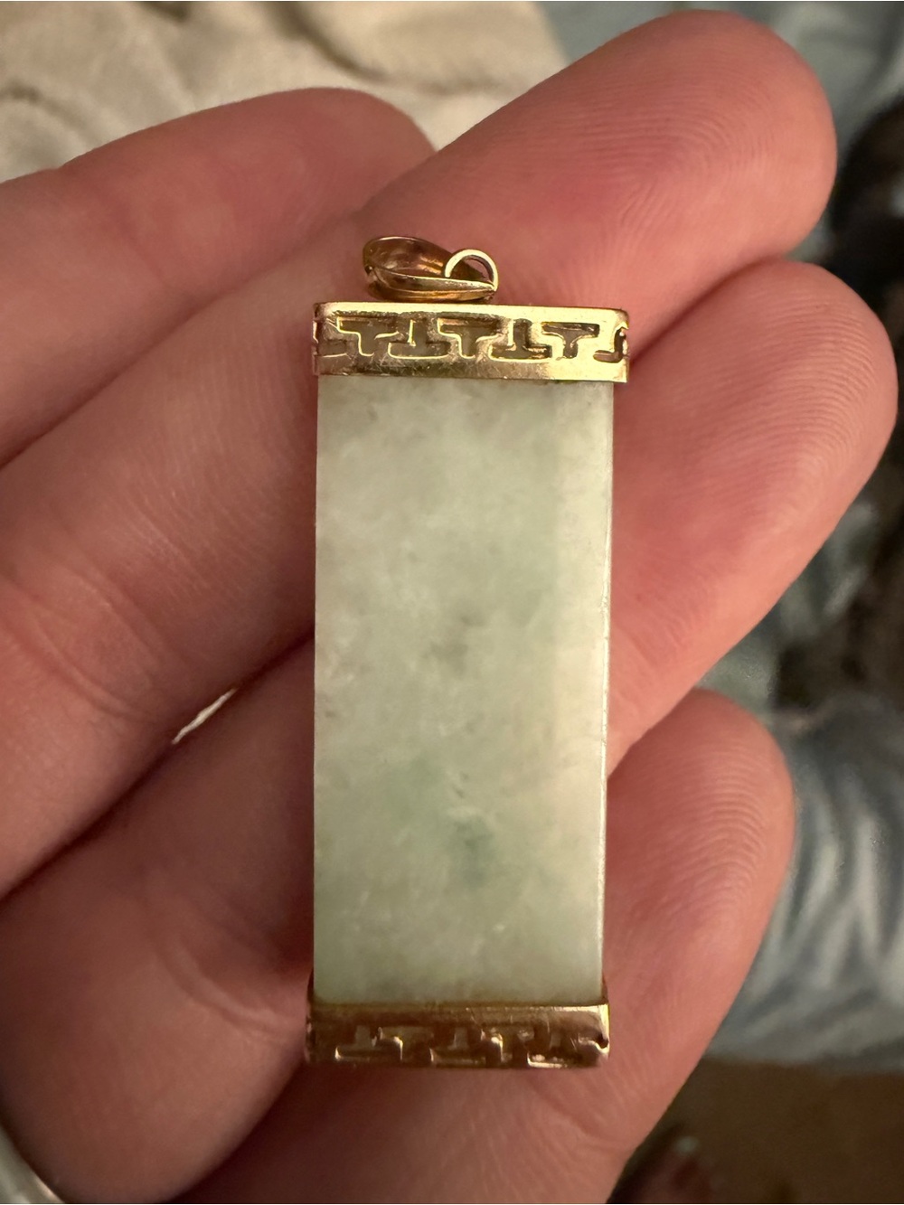 14kt Gold Green Jade Good Luck Bar Pendant